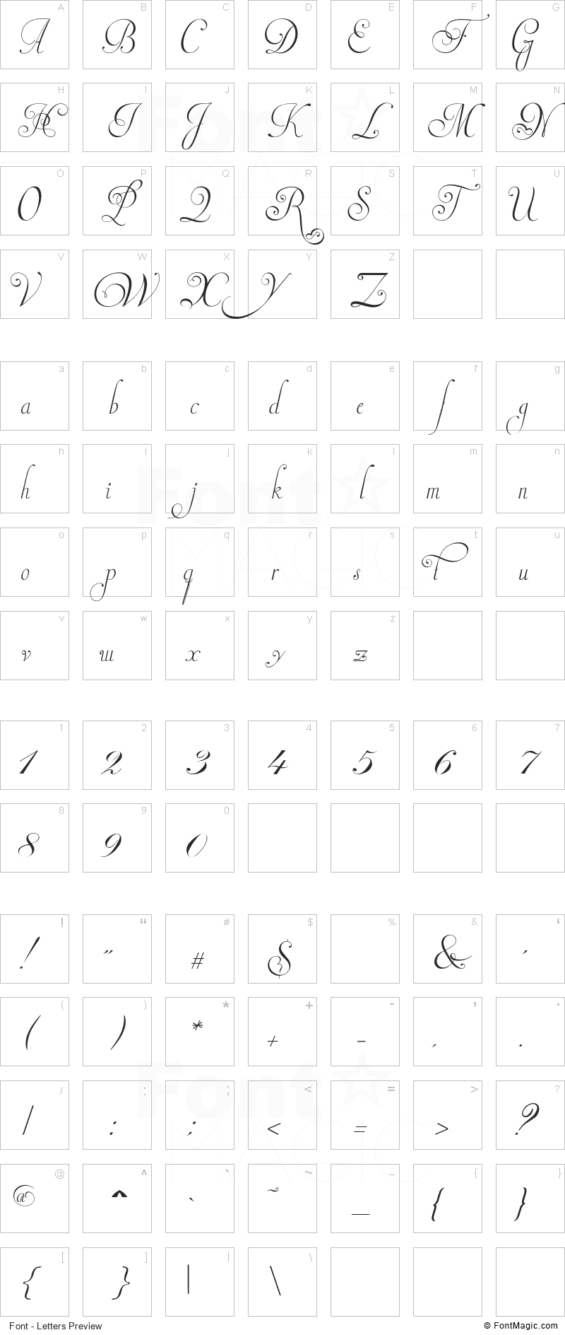 Invitation Script Font - All Latters Preview Chart